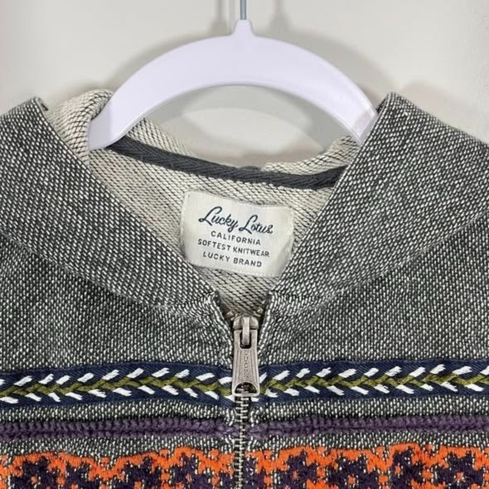 Lucky Lotus Hoodie Womens Medium Gray Sweatshirt Aztec Embroidered Boho Zip - Picture 3 of 8